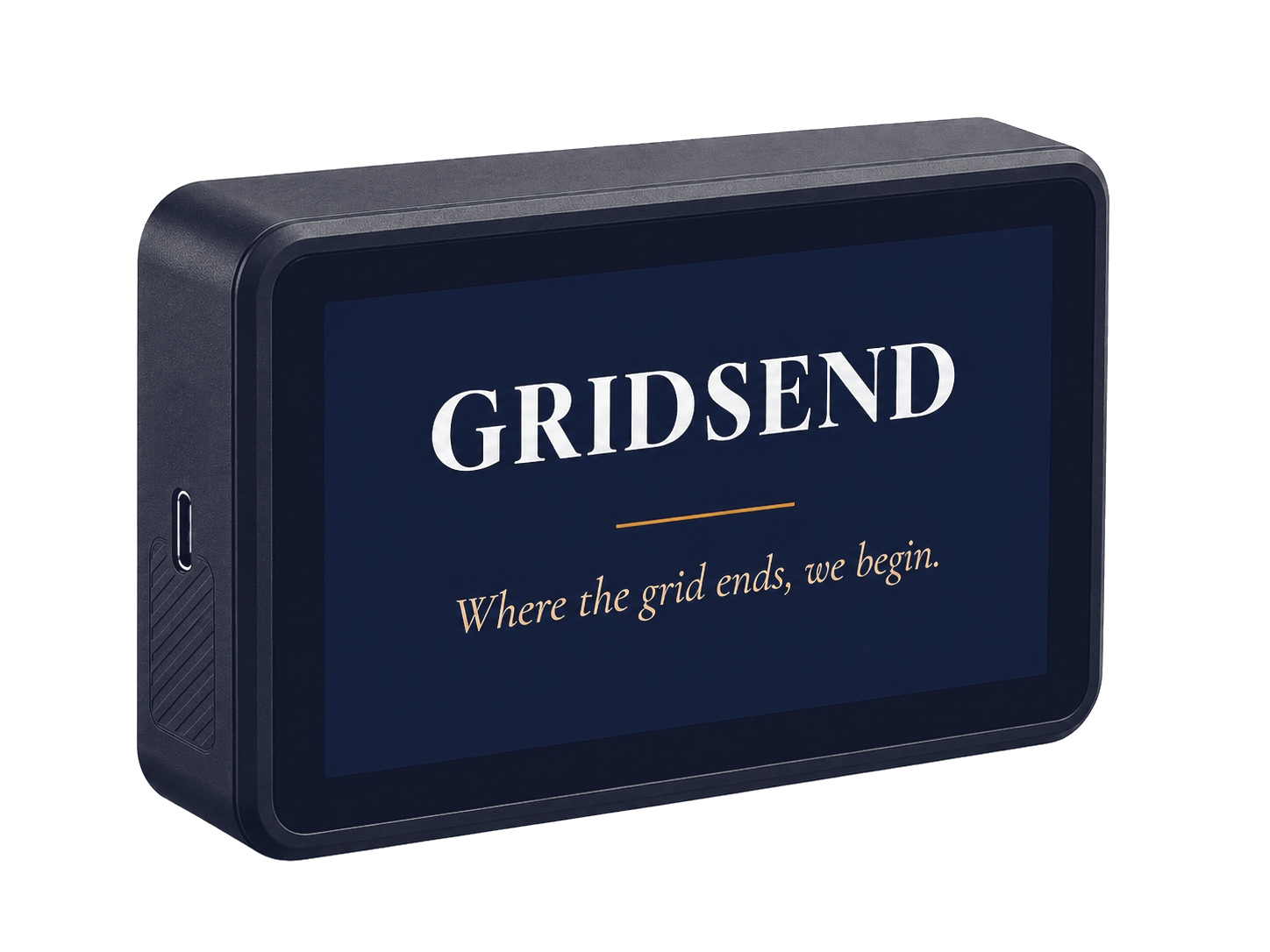 The Gridsend Supply Drive — a rugged touchscreen field device showing the Gridsend wordmark